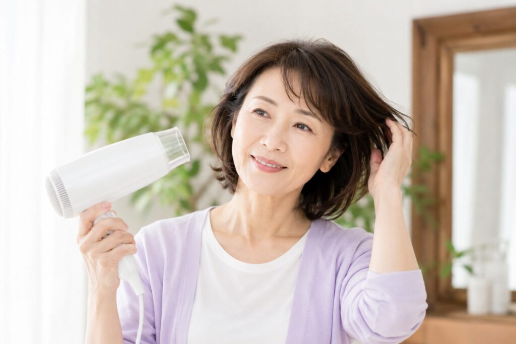 ドライヤーで髪を乾かしている50代女性