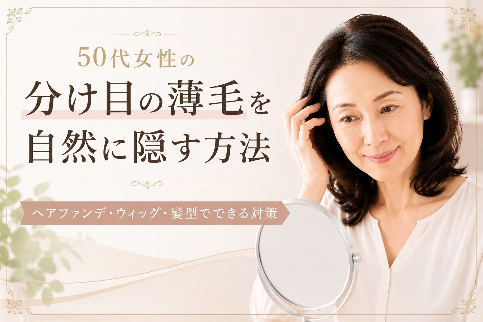 髪を触りながら鏡をのぞき込む50代女性