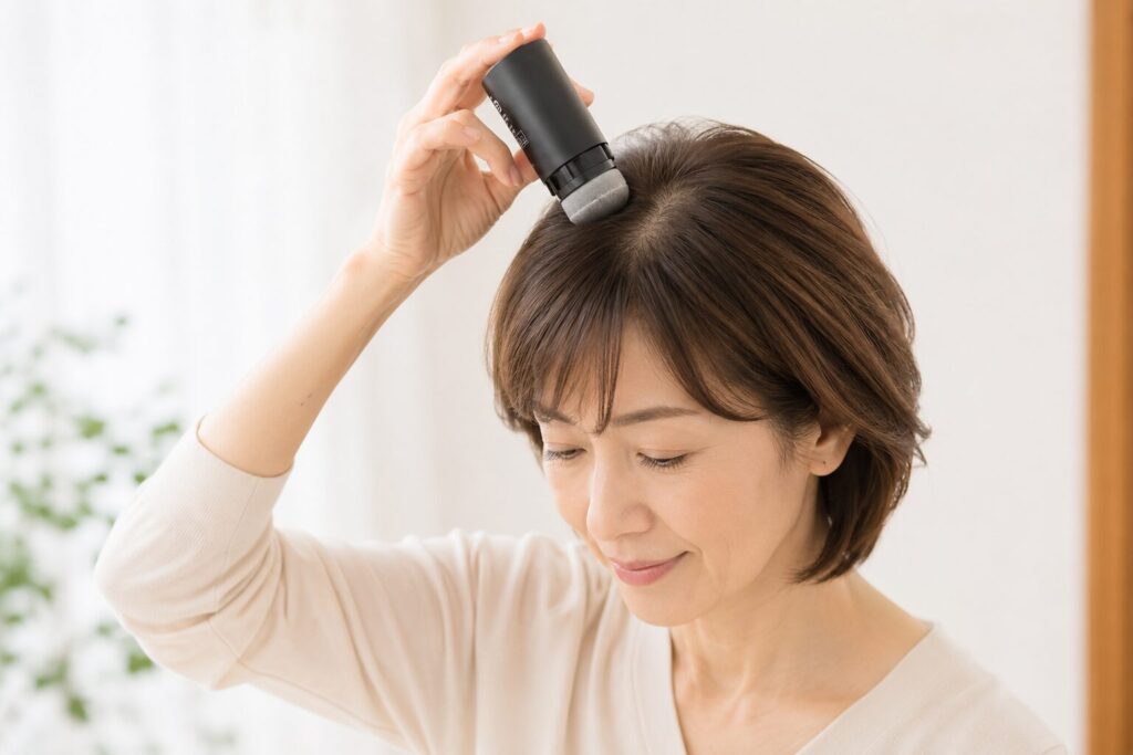 ヘアファンデーションを使う女性