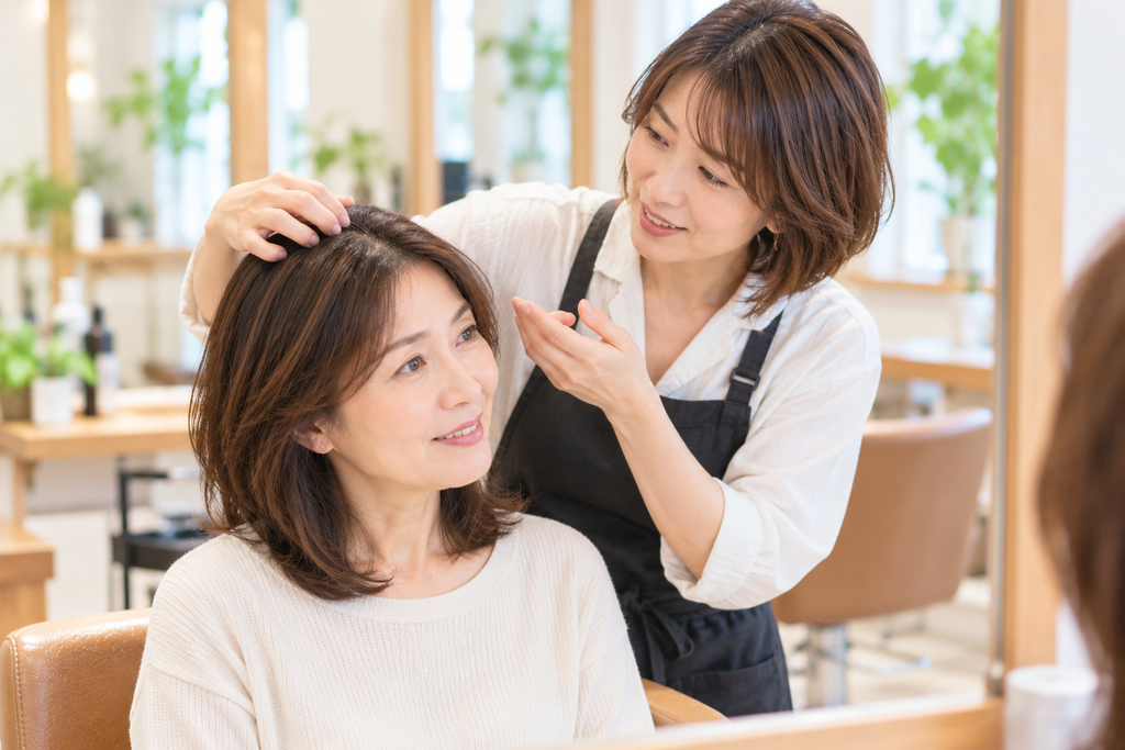 美容室で頭皮ケアについて相談する女性