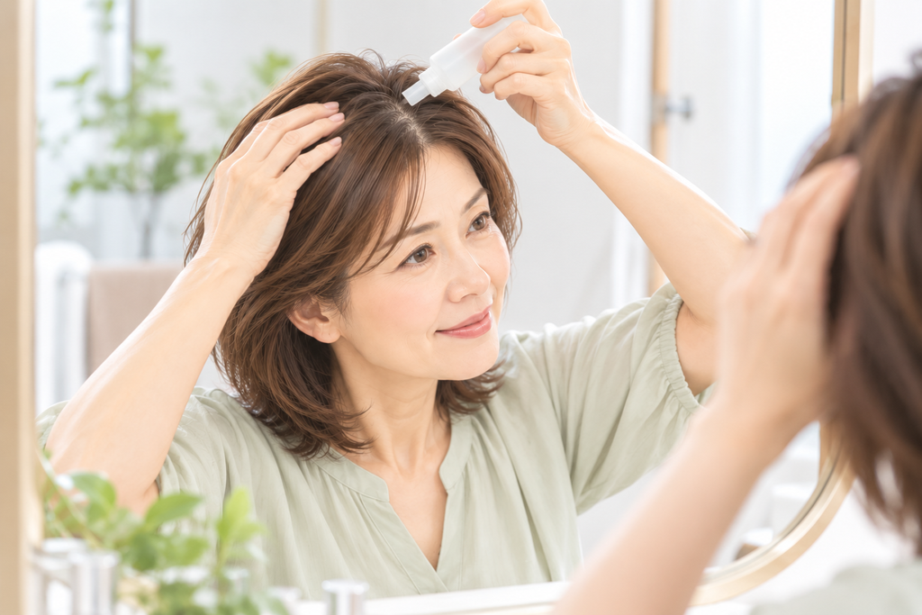 髪を分けて女性用育毛剤を頭皮に塗布する様子