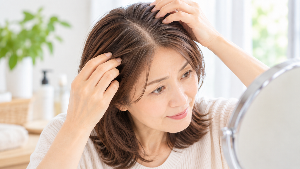 頭皮のチェックをしている50代女性