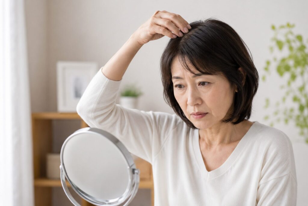 トップのボリューム不足を気にしている50代女性