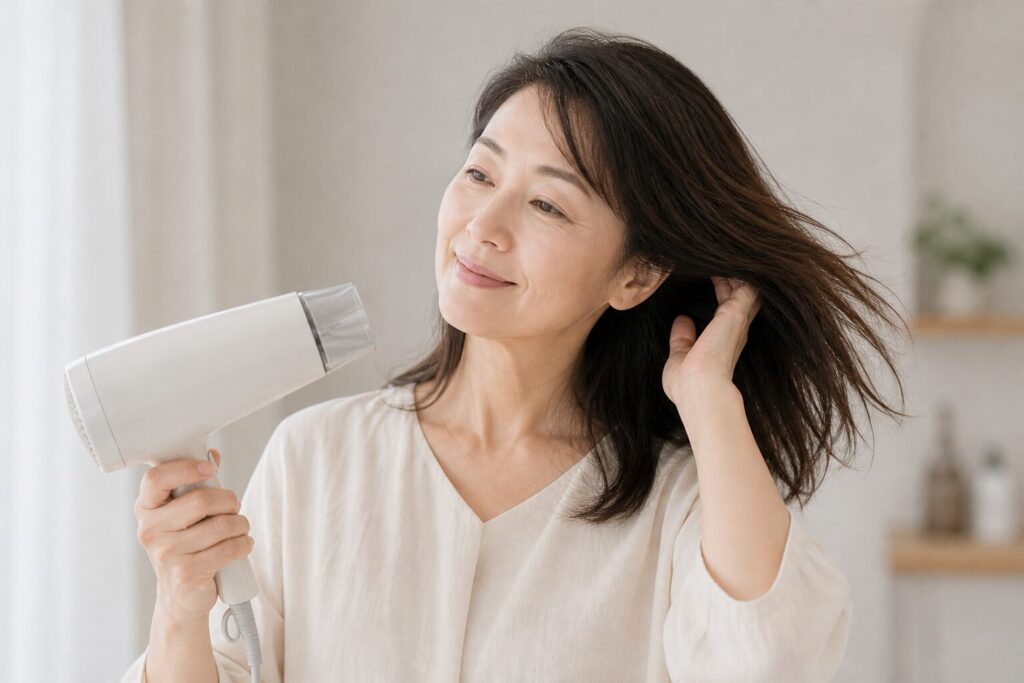 ドライヤーで髪を乾かす５０代女性